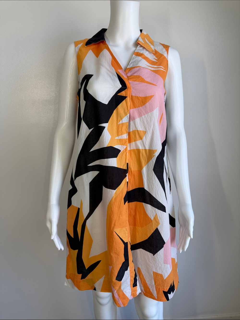 Jaeger Orange Mix Abstract Print Cotton Shift Dress - Size 10